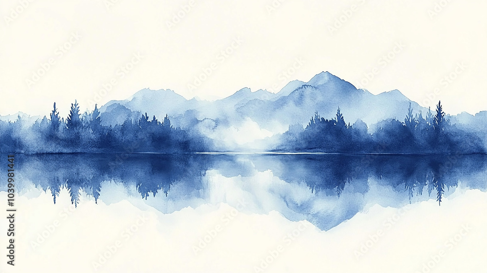 Fototapeta premium Mountain reflection background vector. Minimal landscape art with watercolor brush. Abstract art wallpaper for prints, Art Decoration, wall arts and canvas prints isolated on white background.