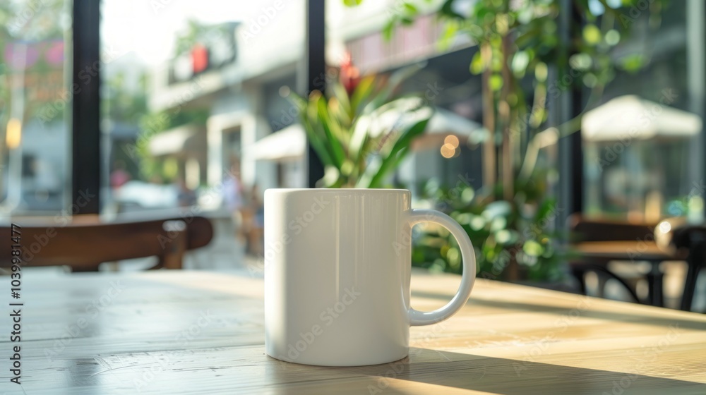Coffee mug on table. A white coffee mug sits on a wooden table in a cafe setting. The mug is empty, inviting you to imagine the aroma of freshly brewed coffee. Coffee mug on table. A white coffee mug sits on a wooden table in a cafe setting. The mug is empty, inviting you to imagine the aroma of freshly brewed coffee.