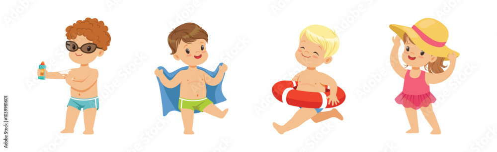 Cute Kids at Beach and Seaside Have Summer Vacation Vector Set Cute Kids at Beach and Seaside Have Summer Vacation Vector Set