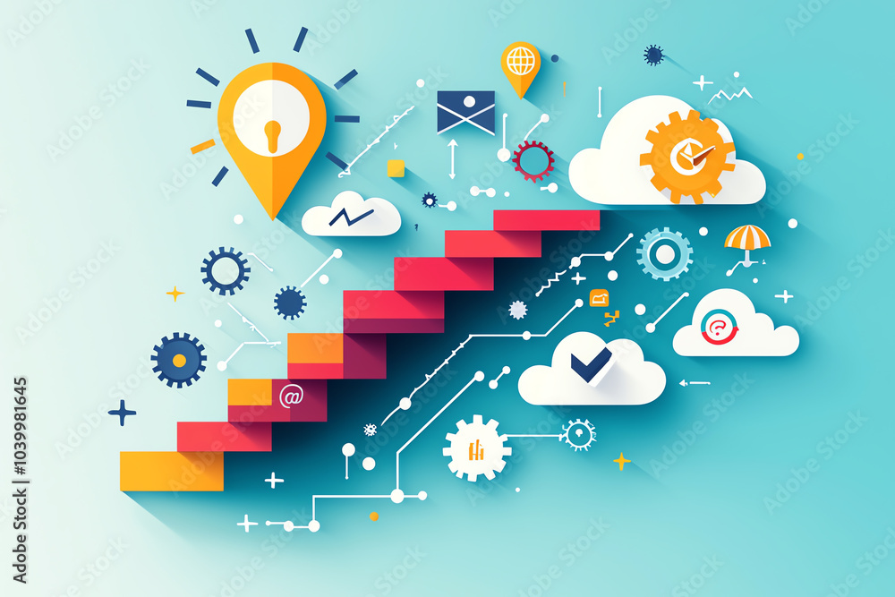Fototapeta premium Stairway expanding from a small block, stepbystep growth and potential, flat design illustration