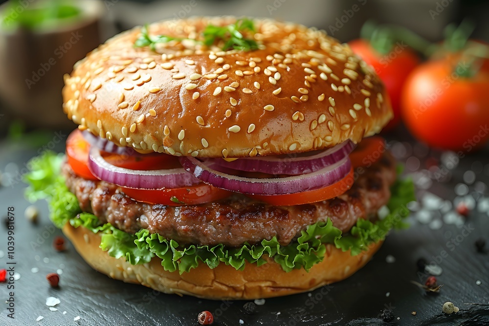 Juicy Gourmet Beef Burger with Fresh Vegetables on Sesame Bun Juicy Gourmet Beef Burger with Fresh Vegetables on Sesame Bun