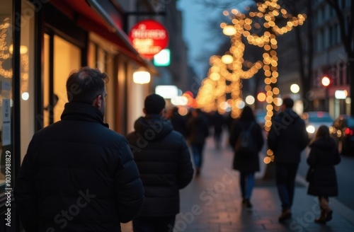 People on festively decorated street of the city running errands, holiday season shopping for gifts, lines, ques concept photo