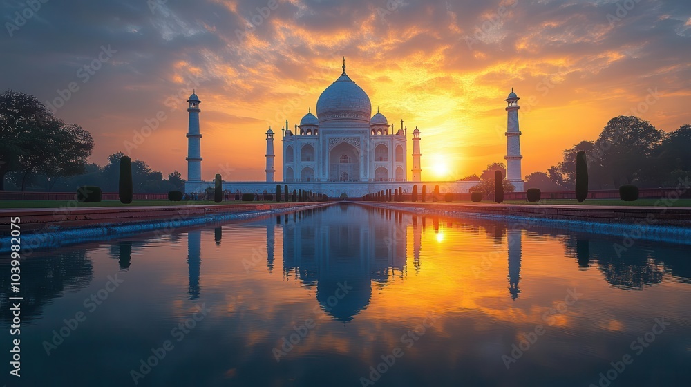 Fototapeta premium realistic illustration of the taj mahal at sunrise its white marble reflecting golden hues surrounded by lush gardens and water features evoking a sense of grandeur and tranquility