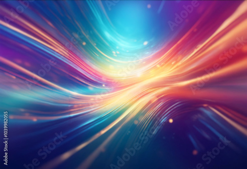 Abstract background with a swirling, dynamic composition of blue and orange light streaks.