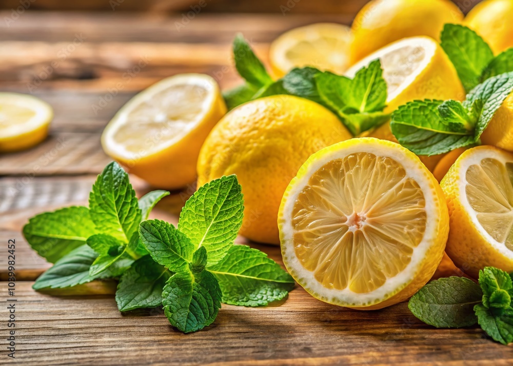 Fresh Lemon and Mint for Refreshing Desserts and Drinks on Wooden Background Fresh Lemon and Mint for Refreshing Desserts and Drinks on Wooden Background