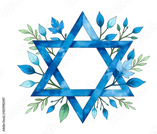 png Star of David with blue flowers and leaves on transparent background. Bat and Bar Mitzvah concept design, Watercolor Greeting card for celebration Hanukkah, Passover, Shavuot