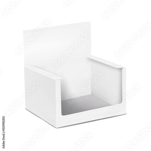 White blank paperboard display box. 3d mockup. Cardboard container with header tab. Realistic vector mock-up. Retail package for showcasing product. Template for design