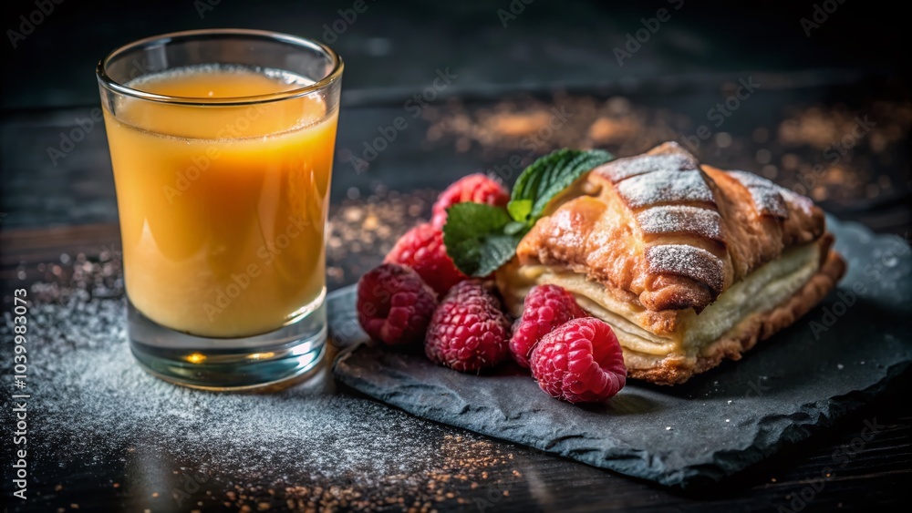Fresh Orange Juice with Raspberries and Pastry on Slate Surface - Bokeh Effect Fresh Orange Juice with Raspberries and Pastry on Slate Surface - Bokeh Effect