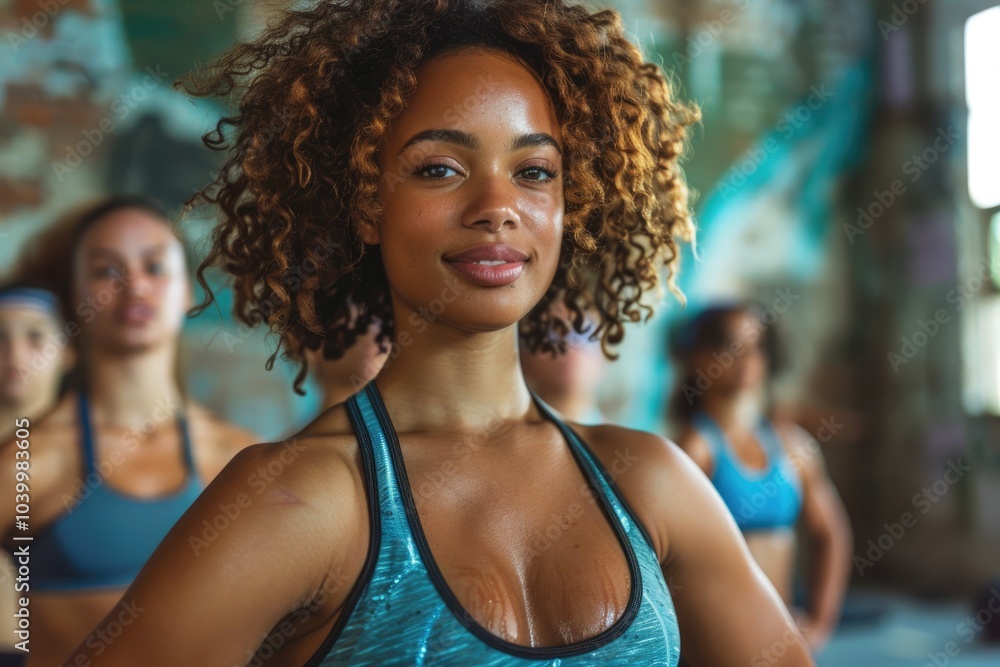 Confident Woman with Curly Hair Embracing Nature During Fitness Class in Park Setting Confident Woman with Curly Hair Embracing Nature During Fitness Class in Park Setting