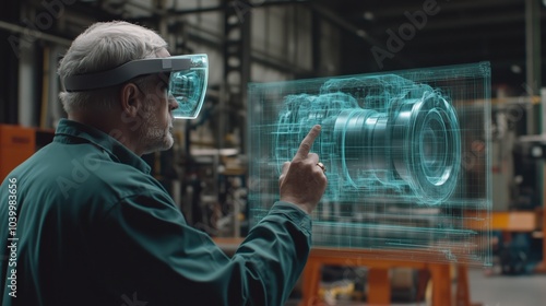 Senior Engineer Using AR Glasses to Interact with Holographic 3D Model in a Factory