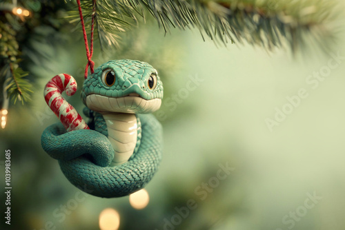 3D Rendered Cute Snake Ornament Hanging on a Tree with Festive Elements for Chinese New Year Celebration