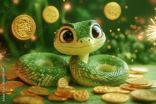 3D Rendered Cute Green Snake with Gold Coins in a Festive Setting for Chinese New Year Celebration