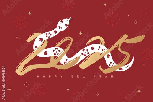 Happy New Year 2025 banner design, featuring gold handwritten numbers combined with paper cut style snake elements, celebrating the Year of the Snake.