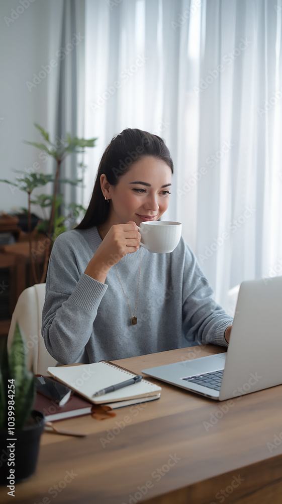 Young Woman Enjoying Tea While Working on Laptop at Home Young Woman Enjoying Tea While Working on Laptop at Home