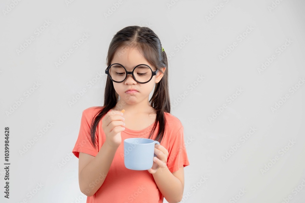 asia cute girl taking pill on white background. asia cute girl taking pill on white background.