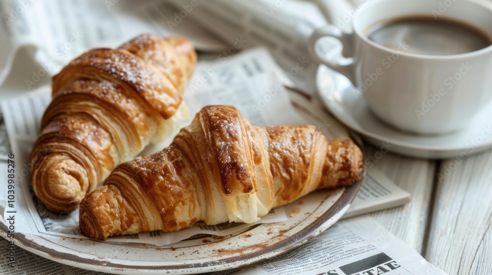 Croissants and coffee breakfast. Delicious croissants and a cup of coffee on a newspaper. Enjoying the simple pleasures of a relaxing morning. Croissants and coffee breakfast. Delicious croissants and a cup of coffee on a newspaper. Enjoying the simple pleasures of a relaxing morning.