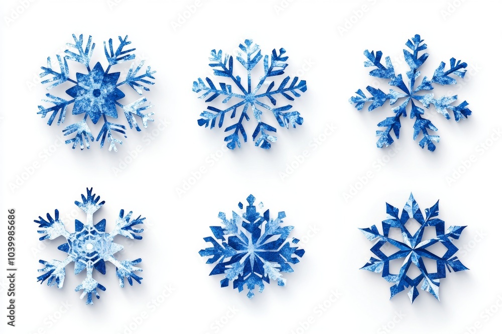 A set of blue snowflakes with a white background A set of blue snowflakes with a white background