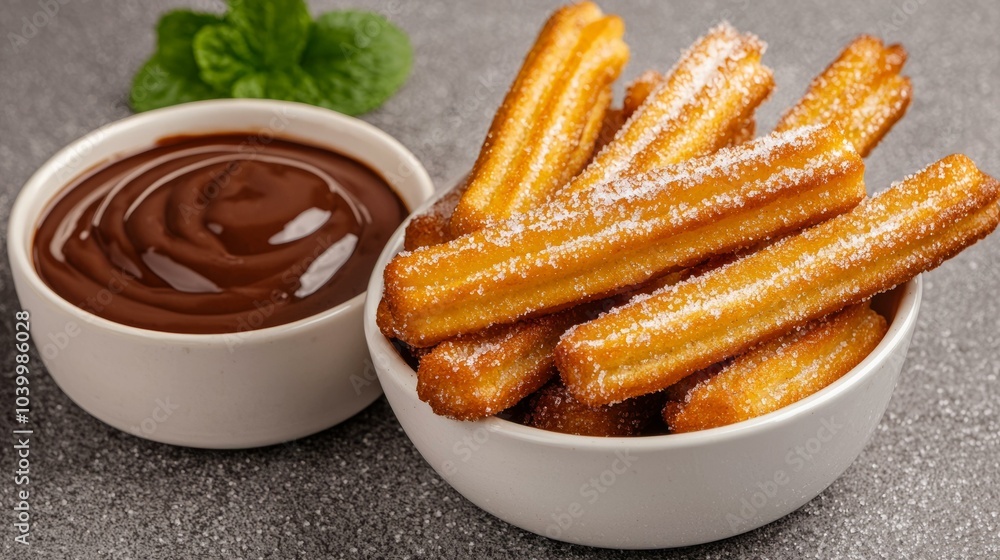Delicious churros served with chocolate sauce on gray background. Delicious churros served with chocolate sauce on gray background.