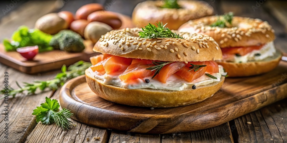 Freshly Baked Bagel with Smoked Salmon and Cream Cheese for a Healthy Breakfast Freshly Baked Bagel with Smoked Salmon and Cream Cheese for a Healthy Breakfast