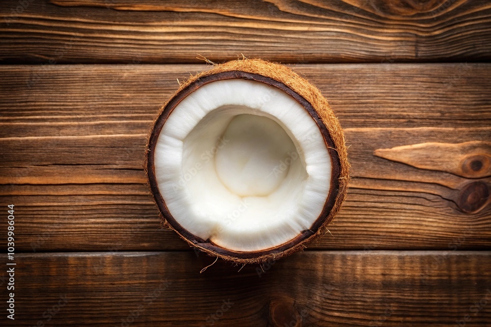 Coconut cut in half on wooden surface with symmetrical pattern Coconut cut in half on wooden surface with symmetrical pattern