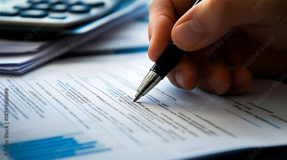 Close-up of a hand signing a business contract next to a financial graph and a stack of papers Close-up of a hand signing a business contract next to a financial graph and a stack of papers