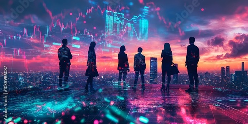 A group of businesspeople connected by a glowing data grid, with stock market charts floating in the sky, nature and business merging in a futuristic landscape, bright neon lights