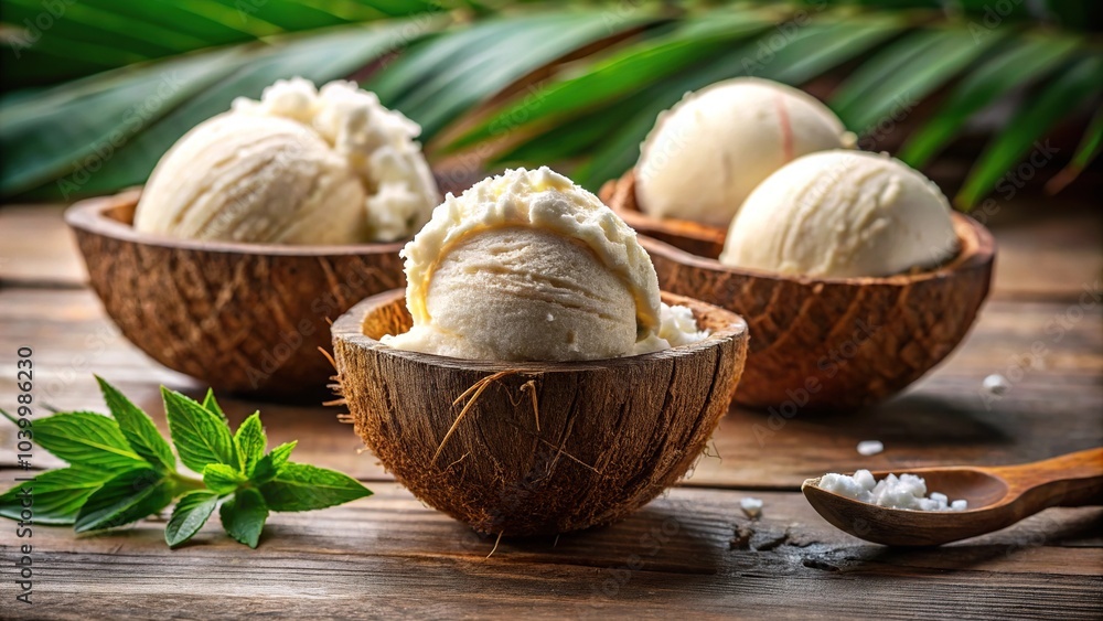 Coconut ice cream scoops in a coconut shell with Coconut ice cream in the background Close-Up Coconut ice cream scoops in a coconut shell with Coconut ice cream in the background Close-Up
