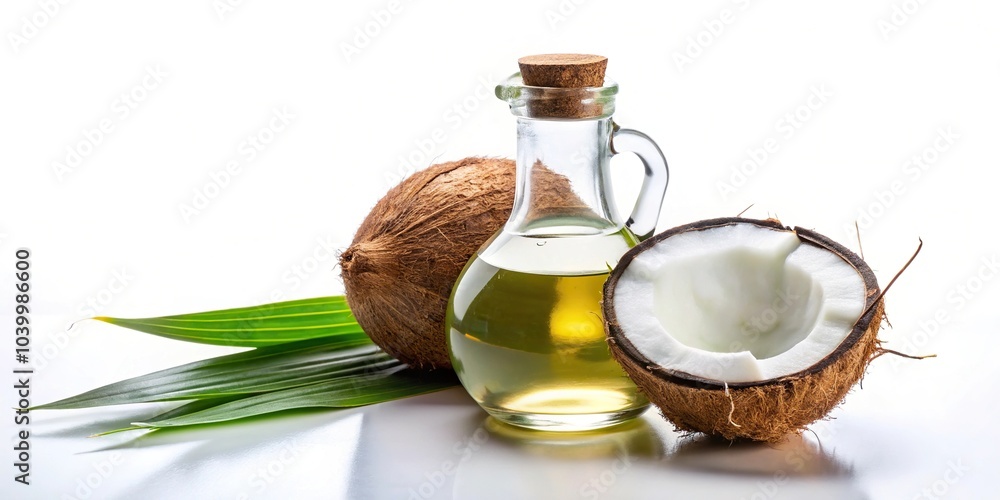 Coconut oil in a bottle on white background Silhouette Coconut oil in a bottle on white background Silhouette