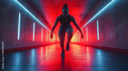 Fit person performing highintensity interval training HIIT a modern gym with neon accents highlighting movement energy and biohacking fitness photo