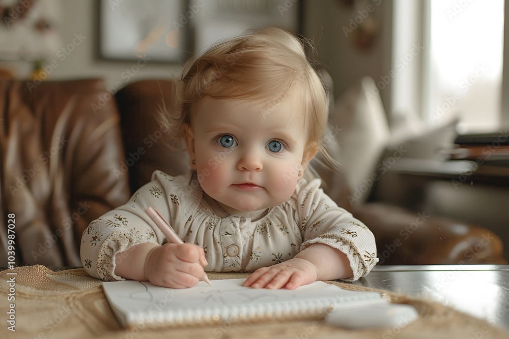 Adorable Baby Engaged in Creative Drawing at Home