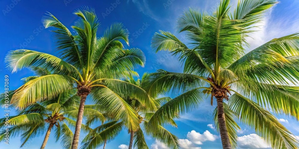 Coconut palm fronds blowing in wind against blue sky Coconut palm fronds blowing in wind against blue sky