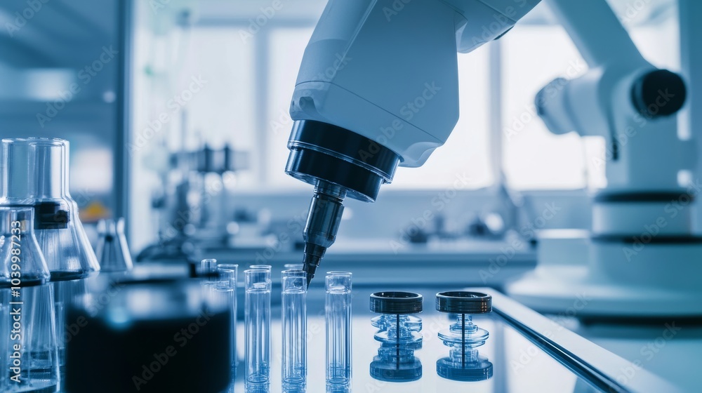A robot assembling intricate optical components in a high-tech optics lab with precision tools, clean and detailed environment, Optics-tech style A robot assembling intricate optical components in a high-tech optics lab with precision tools, clean and detailed environment, Optics-tech style