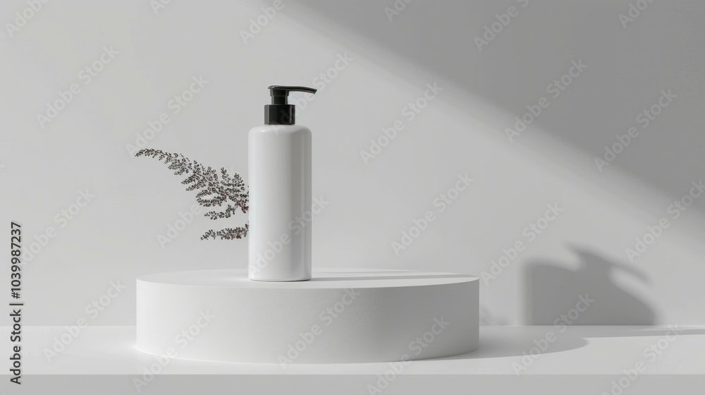 Minimalist product display. White bottle on a pedestal with a shadow of a fern plant. Simple, elegant, and minimal product photography. Minimalist product display. White bottle on a pedestal with a shadow of a fern plant. Simple, elegant, and minimal product photography.