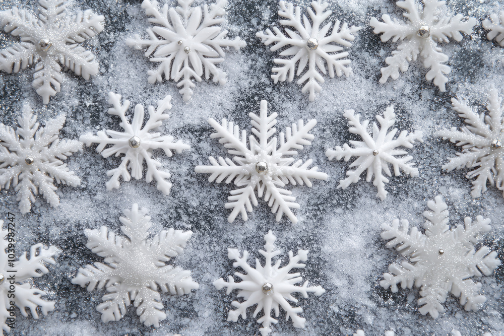 Intricate Snowflake Designs Arranged on Glittery Winter Surface
Intricate Snowflake Designs Arranged on Glittery Winter Surface
