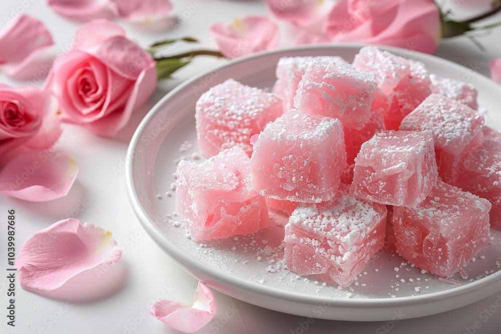 An overhead and up-close view of a rose Turkish delight served on a white plate with plenty of space for text or background elements, Generative AI. An overhead and up-close view of a rose Turkish delight served on a white plate with plenty of space for text or background elements, Generative AI.