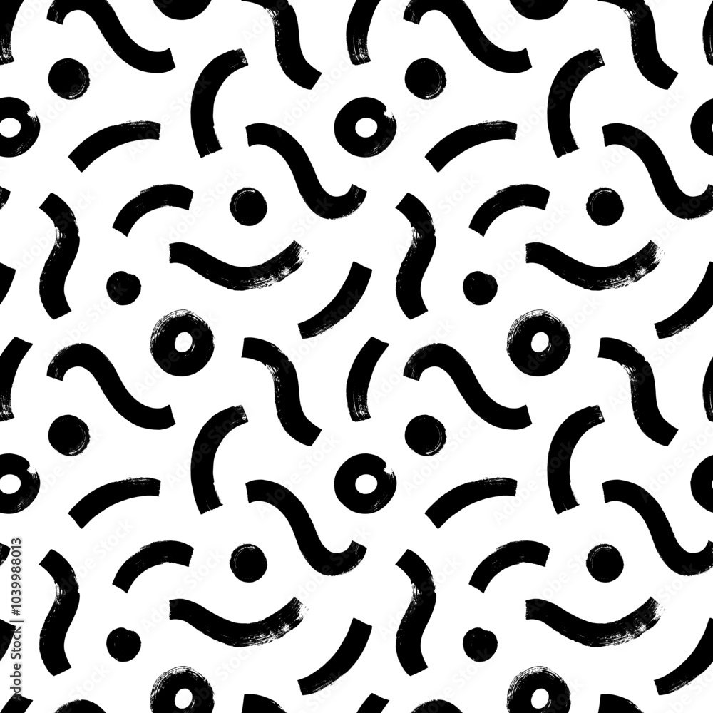 Wavy and curved bold brush strokes with circles seamless pattern. Abstract geometric texture in grunge graffiti style. Wavy and curved bold brush strokes with circles seamless pattern. Abstract geometric texture in grunge graffiti style.