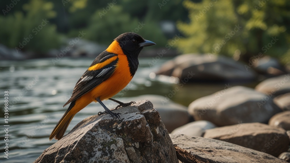 A bright orange and black Baltimore Oriole perches on a rock near a flowing river. A bright orange and black Baltimore Oriole perches on a rock near a flowing river.