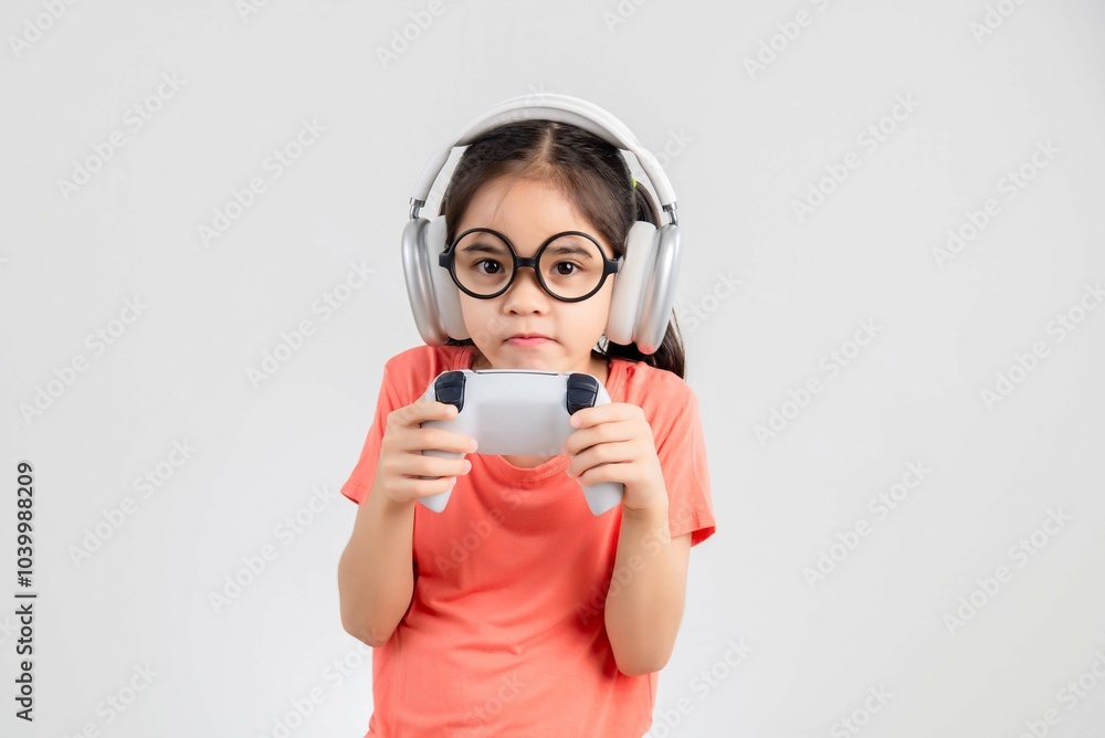 Asian happy portrait young kid girl smile lifestyle games technology holding joystick game playing on hands studio shot isolated white background with copy space. Asian happy portrait young kid girl smile lifestyle games technology holding joystick game playing on hands studio shot isolated white background with copy space.