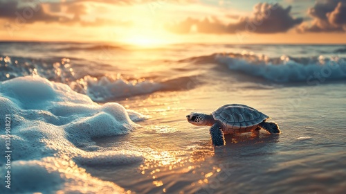 A green sea turtle walks in the water, gently crashing against the waves, representing a connection to the ocean and the cycle of life.