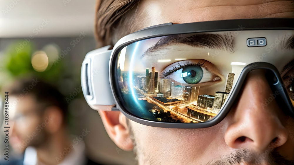 Close Up of Employee's Eye with Transparent VR Interface Overlay Macro Shot Highlighting Immersive Technology in Workplace Photo Stock Concept with Ample Copy Space Close Up of Employee's Eye with Transparent VR Interface Overlay Macro Shot Highlighting Immersive Technology in Workplace Photo Stock Concept with Ample Copy Space
