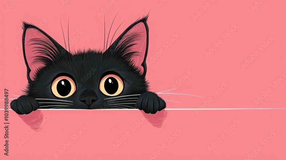 Curious Black Cat in Minimalist Style, a playful feline peeking over an elegant line, sparkling eyes against a solid pink background. Curious Black Cat in Minimalist Style, a playful feline peeking over an elegant line, sparkling eyes against a solid pink background.