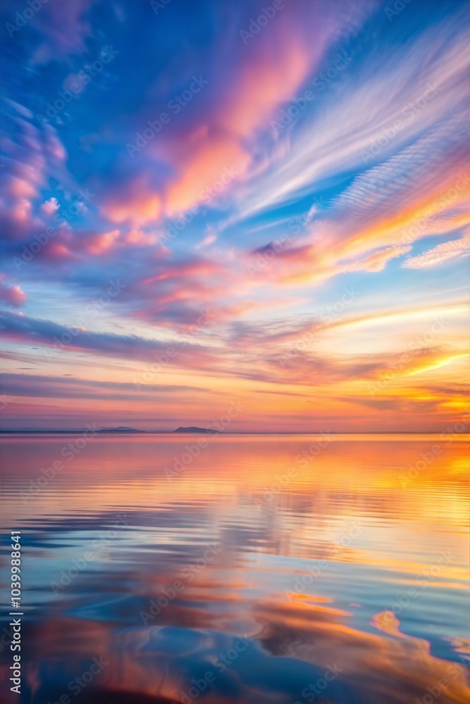 Sunset over calm water with vibrant clouds in stunning vivid sky Sunset over calm water with vibrant clouds in stunning vivid sky