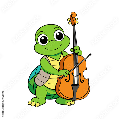 Turtle Cello Maestro: A whimsical illustration of a cheerful green turtle playing the cello, capturing the joy of music and the unexpected charm of animal musicians.  