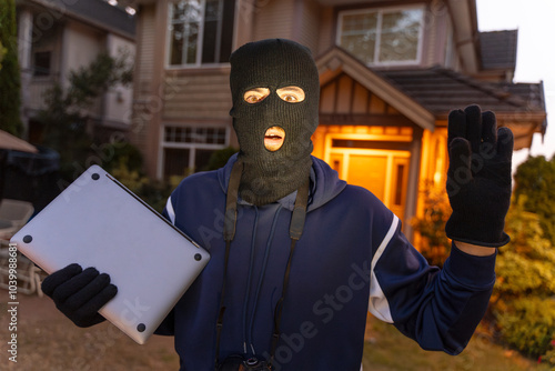 Photography Surprised burglar holding laptop is getting caught red handed in front of house