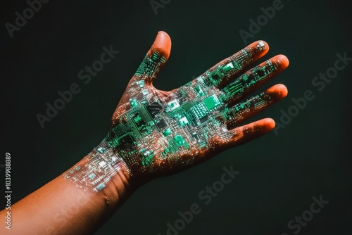 Cybernetic enhancements integrated into human arms merging biology with technology.