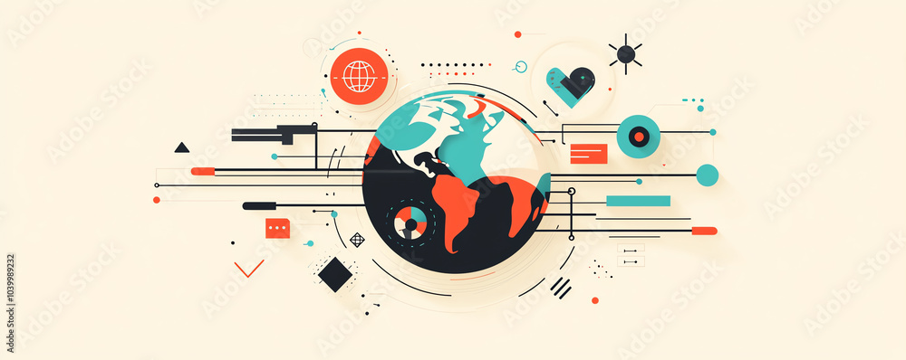 Obraz premium Globe with expanding data lines, global growth through data connectivity, flat design illustration