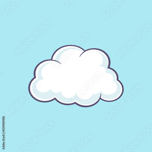 White fluffy cloud with black outline on blue background. Vector flat illustration.