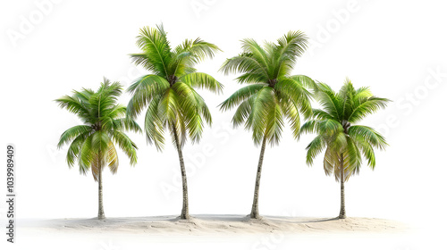 Palm trees isolated on white background ,A row of tall palm trees standing upright ,Each tree has a slender trunk and a cluster of large