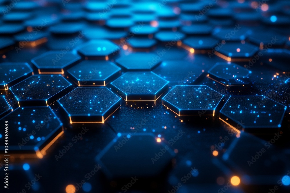 Fototapeta premium A blue and yellow hexagonal pattern with a lot of light shining on it