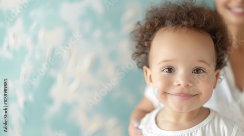 A joyful child with curly hair smiles brightly against a soft, pastel background, embodying happiness and innocence.